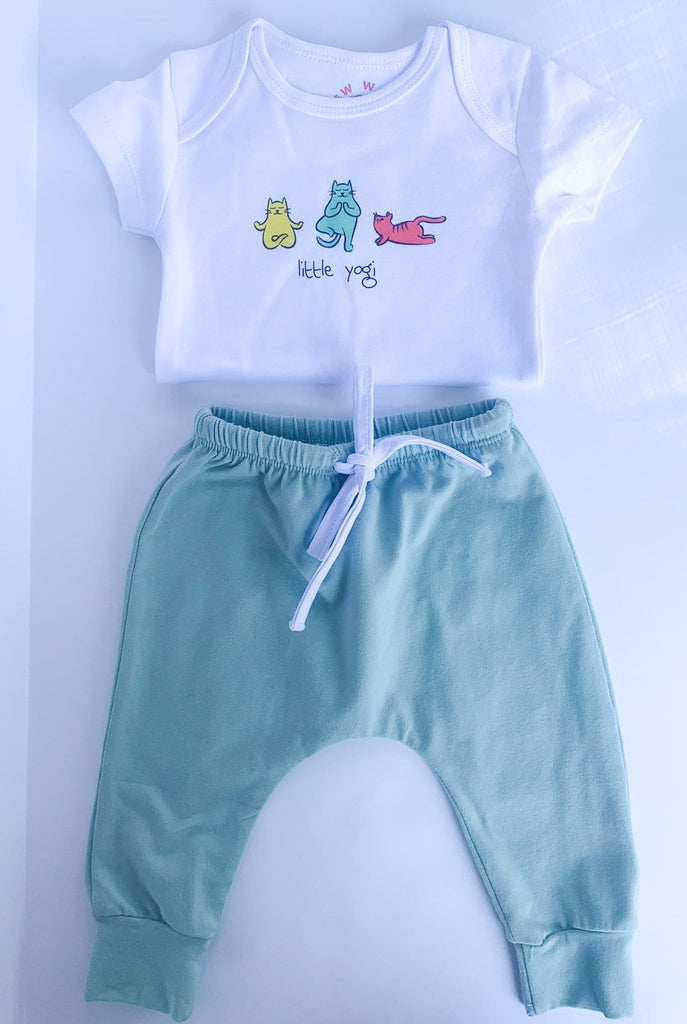 Organic Baby Kitten Yoga Bundle | onesie + harem pants | www.newwavesupplyco.com