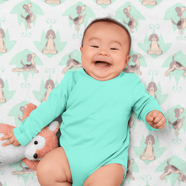 Yoga Dog Swaddle & Matching Doll Set in Green | swaddle + baby doll | www.newwavesupplyco.com